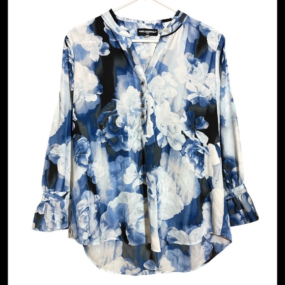 Karl Lagerfeild Floral Blue and White Women's Top Size Large - Picture 2 of 8